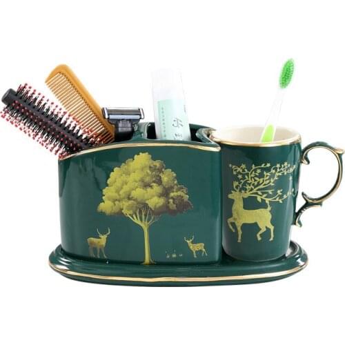Bathroom Ceramic Wash Set Toothbrush Holder & Cup WIth Tray Green glaze Lavatory 3 Pieces Set Surface With Deer & Flower Finish