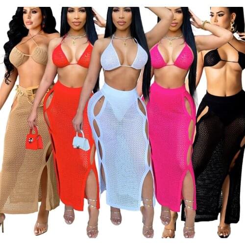 Cutubly Two 2 Piece Set Summer Outfit Halter Bra Top And Wrap Skirt Set Solid Knitted Hollow Out Swim Beach Matching Womens Set