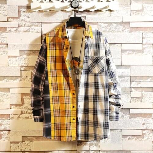Japan Style Red Patchwork Shirt Spring Personality Korean Version of The Trend of Color Matching Plaid Shirt Mens Casual Hip Ho