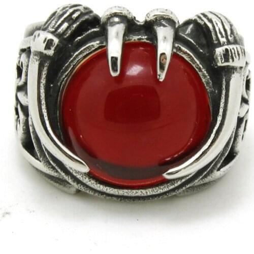 Top Sales Punk Chotic Cool Ring 316L Stainless Steel Snake Teeth Ring With Red Crystal Stone