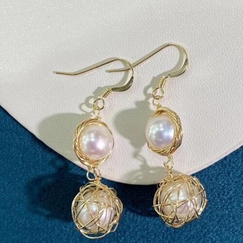 Hot sell female golden nestle design natural white genuine pearl beads women earring unique jewelry wedding gift gift