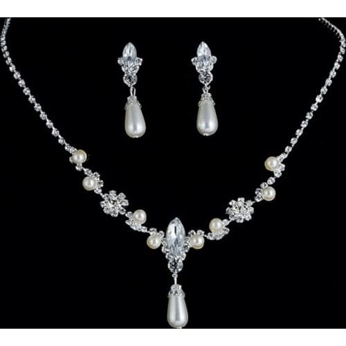 Trendy Female White Crystal Jewelry Set Charm Silver Color Dangle Earring For Women Dainty Flower Pearl Wedding Chain Necklace