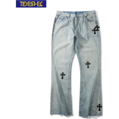 Men Fashion Embroidery Cross Jeans High Street Trousers Streetwear Hip Hop College Style Trousers Men/women Clothing 2021