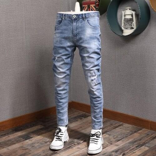 Summer Men Light Blue Straight Ripped Jeans Men Casual Thin Slim Fit Stretch Denim Pants