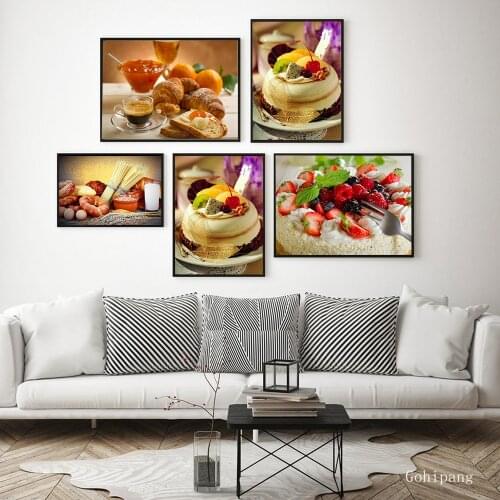 Still Life Canvas Painting Cake and Fruit Wall Art Decorative Picture for Kitchen Room Waterproof Oil Ink Unframed