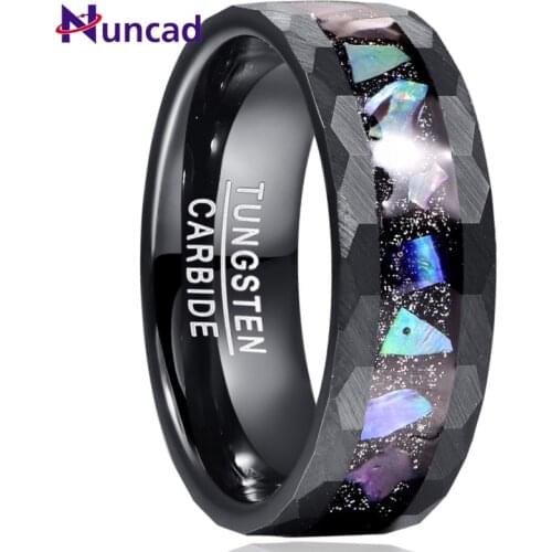 NUNCAD 8mm Starry Sky Bottom Abalone Shell Edge Hammered Lasa Black Tungsten Carbide Ring Mens Rings Good Quality