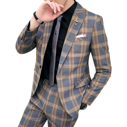 British Style Slim Fit Mens Set Two Piece Suit Coat Pants / Male Fashion Plaid Autumn Groom Wedding Blazer Jacket Trousers
