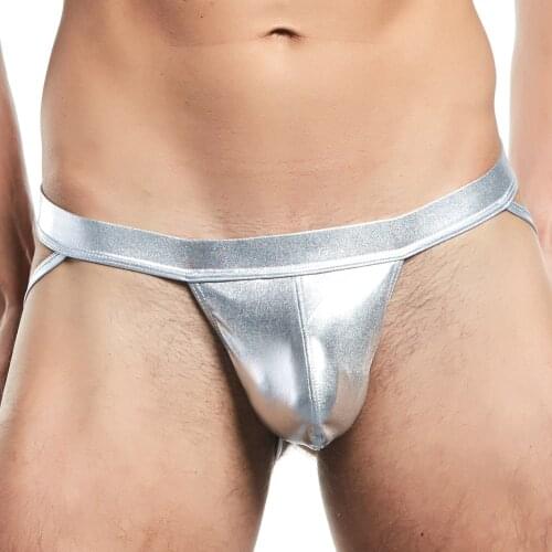 Pinky Senson Men Bright Faux Leather Underwear Male Panties Bikini Thongs G String Jockstrap Penis Pouch Black Gold Silver S04JS