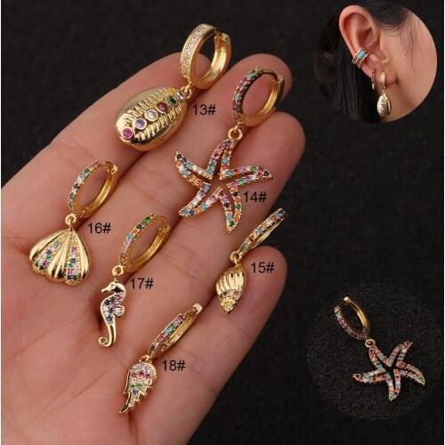 1Piece Shell Conch Rainbow Cz Earring Bohemia Multicolor Crystal Hoop With Dangle Cartilage Helix Lobe Piercing Earrings Jewelry