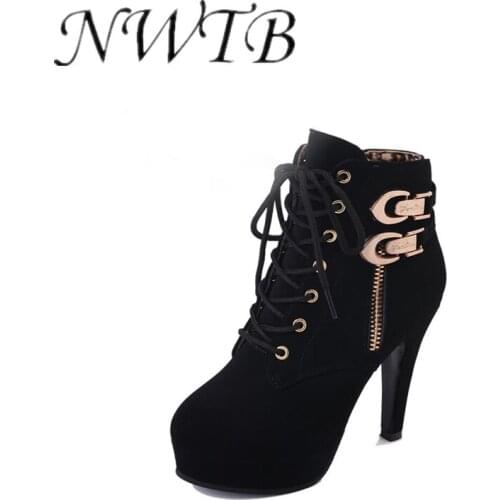 Plus Size Ankle Boots Women Platform High Heels Female Lace Up Shoes Woman Buckle Short Boot Casual Ladies Footwear