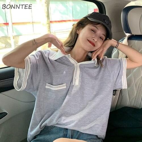 T-shirts Women Preppy Korean Style Lovely Girls Tee Buttons Turn-down Collar Half Sleeve Design Teen Casual Sweet Students Chic