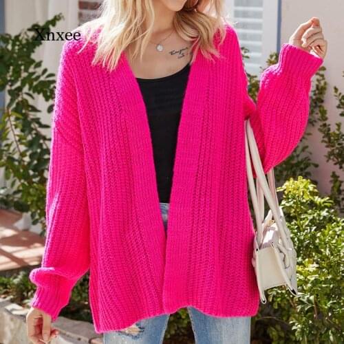 Womens Neon Cardigan Spring Autumn Sweater Females Open Stitch Solid Loose Long Knitted Slim Clothing Casual Overcoat Tops