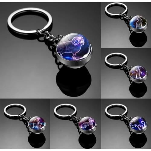 12 Constellation Luminous Keychain Glass Ball Pendant Zodiac Keychain Glow In The Dark Key Chain Holder Men Women Birthday Gifts