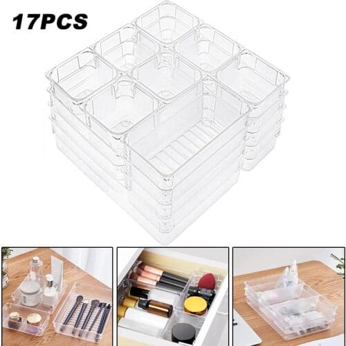 17Pcs/Set Transparent Plastic Storage Box Bathroom Dresser Office Desktop Drawer Divider Container Home Supplies