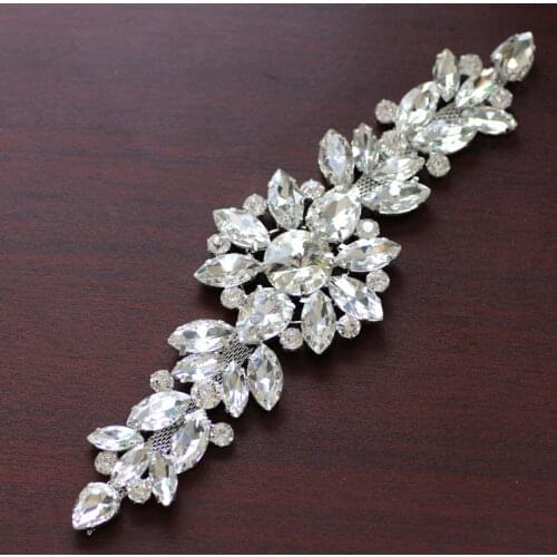 18.2*5.5cm White crystal Silver Base Flower rhinestone applique Belt For wedding evening dress Decoration sewing on Rhinestone