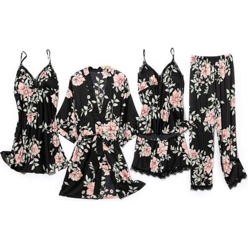 5 PCS Lady Print Flower Nighty Robe Suit Sleepwear Silky Satin Nightwear Kimono Bathrobe Gown Casual Nightgown Home Clothes