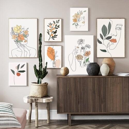 Nordic Abstract Posters Woman Line Face Wall Art Canvas Painting Orange Flower Plants Prints Pictures For Living Room Home Decor