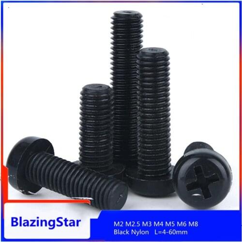 20/50PCS M2 M2.5 M3 M4 M5 M6 M8 Black Nylon Philips Bolt Cross Head Round Head Screw Plastic Cross Head Bolt