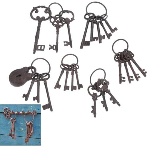 1set Cast Iron Key Rings Ornaments Heavy Duty Metal Keys Chain Rustic Skeleton Antique Bar/Home/Restaurant Wall Decor Vintage