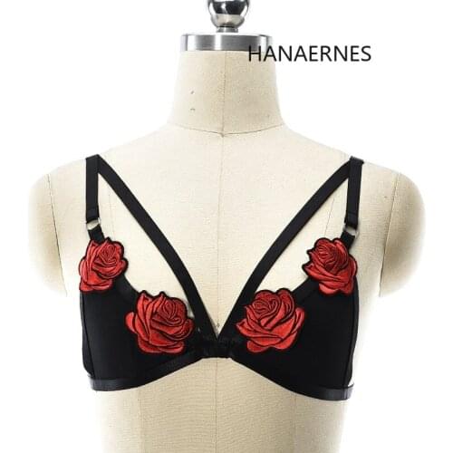 Woman Red Flower Harness Punk Style Elastic Harness Bra Belts Sexy Lingerie Body Bondage Caged Bralette Gothic Bra Bdsm Bra