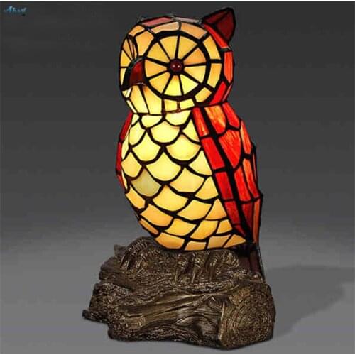 Tiffany Retro Owl Table Lamps Bedroom Bedside Desk Lights Living Room Study Loft Lighting Gift Color Glass Night Lamp Fixtures