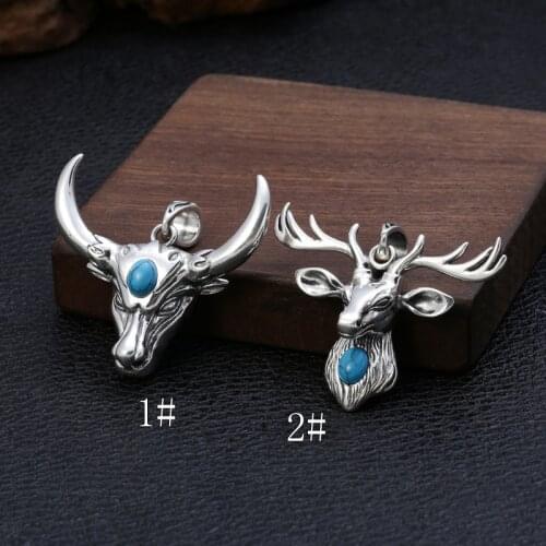 Real 925 Sterling Silver Fashion Deer Head & Cow Head Inlaid turquoise natural stones Necklace Pendant Jewelry for Men Women
