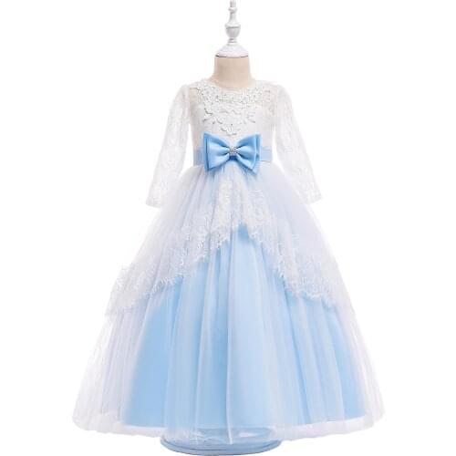 Girls Long Sleeve Fluffy Princess Dress Applique Lace Girl Communion Dress Floor Length Wedding Bride Flower Girl Dress