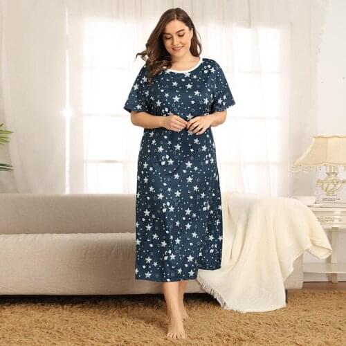 Plus Size Sleepwear Star Moon Print Pajamas Set for Women Loose Casual Short Sleeve Nightgown Summer Pijama Nightwear 4XL