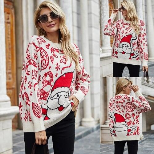 Christmas Womans 2021 Autumn Winter Fashion Santa Head Jacquard Sweater Pullover Casual Knit Sweater Ladies Street Tops Size XL