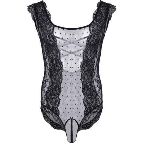 Sexy Mens One-Piece Crossdress Lingerie Bodycon Floral Lace Polka Dots See Through Mesh Sissy Pouch Bodysuit Nightwear Sleepwear