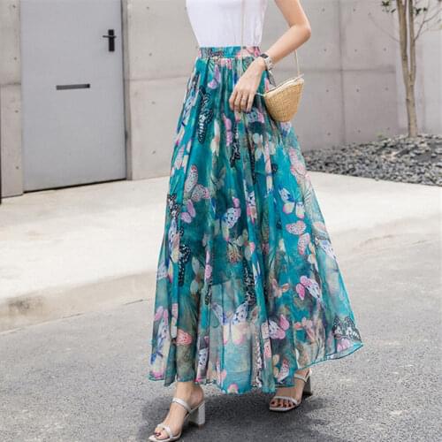 Silk Long Skirt New Summer Big Swing Chiffon Floral Skirt Women Bohemian Beach Skirt Elastic Waist Casual Jupe Femme Moda f2677