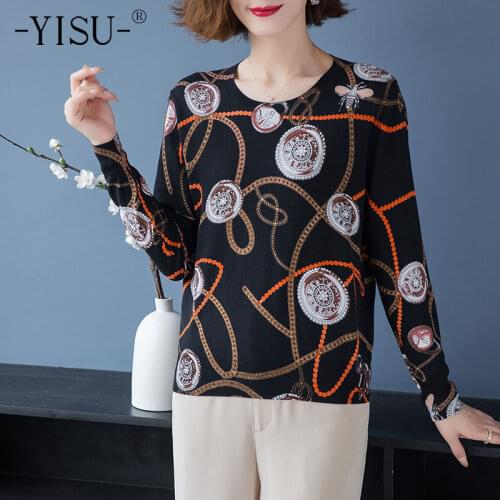 YISU Winter Sweater O-Neck Female Winter tops Loose All-match Knitted Pullover Casual Thin Printing Plus size Women Jumper