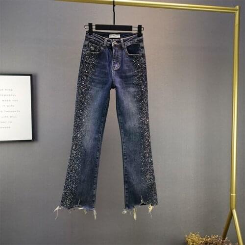 High Quality Europe Jeans Women High-waist Rhinestone Casual Slim All-match Denim Trousers Ladies Fashion Micro Flared Pants