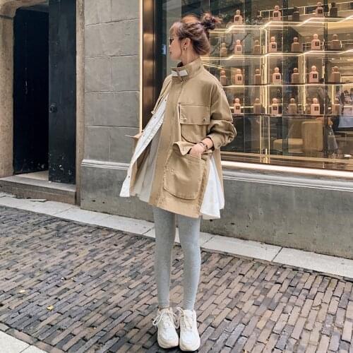 Women Patchwork Windbreaker Stand Collar Long Sleeve Kahki Trench 2021 Spring New Korean Fashion Ruffles Plteated Dress Clothing