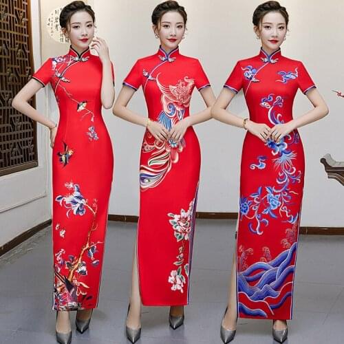 Vintage Chinese Style Red Print Short Sleeve Cheongsam Vestido Womens Button Sexy High Split Qipao Plus Size S-5XL