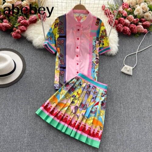 Women Summer Retro Print Suits Turndown-Collar Button Short Sleeve Top+High Waist A-line Midi Skirts Two Piece Set