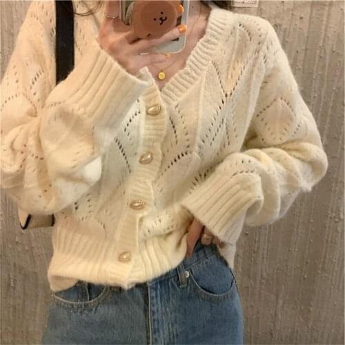 Aesthetic Sweater 2021 New V-neck Hollow Knit Cardigan Sweater Jacket Woman Warmsway Cropped