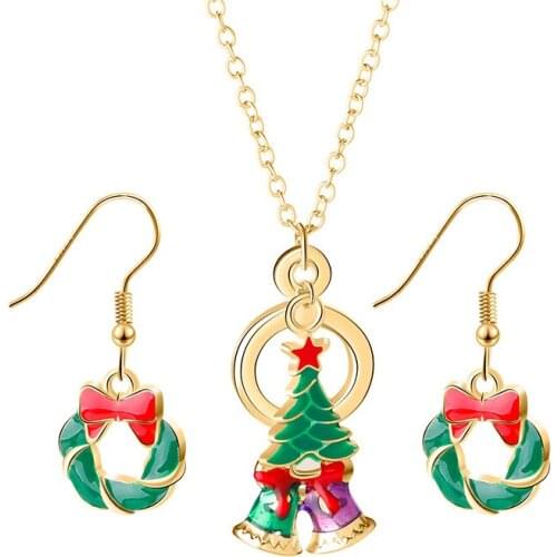 12pcs/lot Fashion Popular Jewelry Christmas Green Bow Earrings Christmas Tree Bell Necklace Set Party
