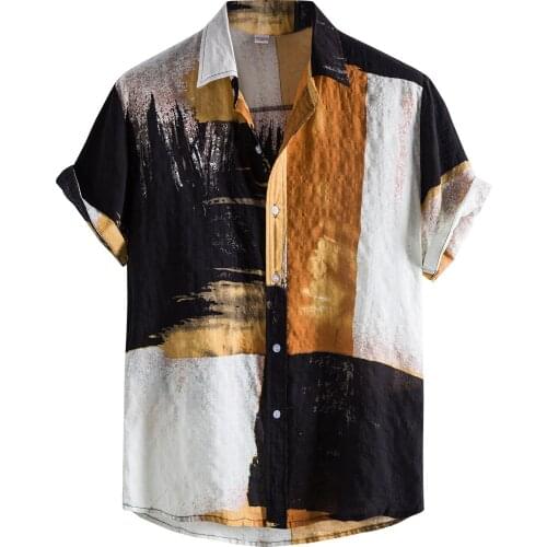 55# Fashion Tie Dye Print Mens Casual Shirts Short Sleeve Button Shirt Turn-down Collar Blouse Color Contrast Hawaiian Camisas
