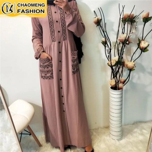 Abaya Dubai Muslim Women Modest Dress Elegant Embroidered Buttons With Pockets Style Maxi Robe Arab Turkey Islamic Clothing