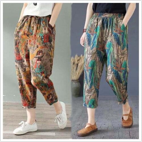 Cotton Linen Harem Pants Women 2021 Summer Fashion Graffi Printed Casual High Waist Calf-Length Loose Trousers Female Streetwear