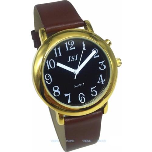 English Talking Watch with Alarm Function, Talking Date and time, Black Dial, Brown Leather Band, Golden Case TAG-606
