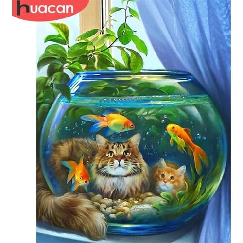 HUACAN DIY Frame Picture By Number Cat Animals Kits For Adults Handpainted Coloring By Number Fish On Canvas Home Decoration