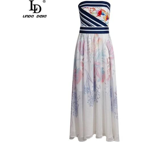 LD LINDA DELLA 2021 Fashion Designer Summer New Printed Midi Dress Womens Sexy Mesh Gauze Sleeveless Backless Party Dress