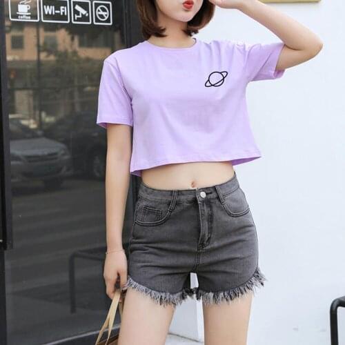 Summer Basic Crop T Shirt Casual T Shirt Harajuku Women Kawaii T-shirt Korean Cute T Shirt Clothes Womens Shirts Universe Cool