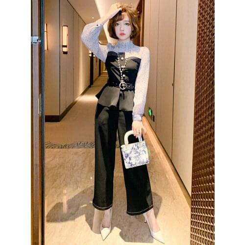 Fashion polka dot receiving waist lotus leaf blouse + loose and thin nine-point pants commuter suit women 2020 early autumn