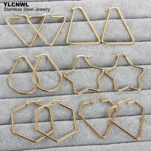 Large/Big Stainless Steel Geometric Hoop Earrings For Women Gold Color Simple Oval Triangle Pentagonal Hexagon Hot Sale 2021