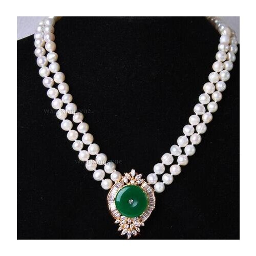 Fashion jewelry Beautiful 2Rows White Freshwater Pearl Green Jade Pendant Necklace