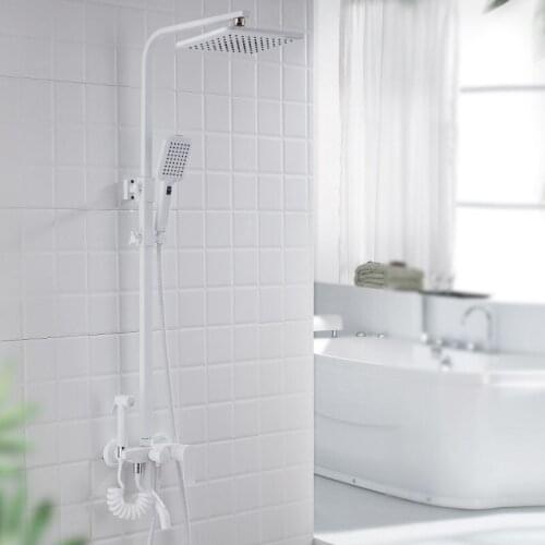 Bathroom Shower Set Solid Brass White Rainfall Shower Faucet Wall Mounted Shower Mixer ABS 8" Shower Head With Handheld Faucet