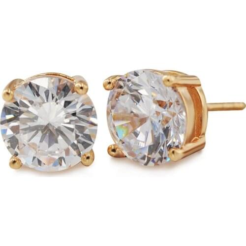 Wholesale Jewelry -- (6 pairs/lot) Single Round Clear CZ Stud Earrings for Women Yellow Gold Color AAA+ Cubic Zircon